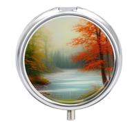 Pilulier 3 compartiments - Petit pilulier portable pour poche ou sac à main - Pilulier de voyage en métal avec miroir - Paysage naturel d'automne, érables et rivière