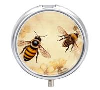 Pilulier 3 compartiments - Petit pilulier portable pour poche ou sac à main - Pilulier de voyage en métal avec miroir - Les abeilles volent autour des fleurs