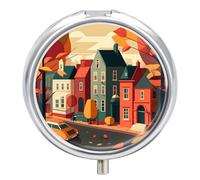 Pilulier 3 compartiments - Petit pilulier portable pour poche ou sac à main - Pilulier de voyage en métal avec miroir - Peinture vintage de ville d'automne