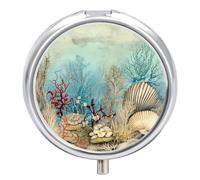 Pilulier 3 compartiments - Petit pilulier portable pour poche ou sac à main - Pilulier de voyage en métal avec miroir - Scène de plage tropicale avec coquillages - Peinture rétro