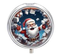 Pilulier 3 compartiments - Petit pilulier portable pour poche ou sac à main - Pilulier de voyage en métal avec miroir - Père Noël amusant - Mur cassé