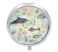 Pilulier 3 compartiments - Petit pilulier portable pour poche ou sac à main - Pilulier de voyage en métal avec miroir - Thème mer varié - Peinture vintage