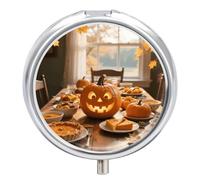 Pilulier 3 compartiments pour l'automne, Thanksgiving, feuille de citrouille, étui de voyage avec miroir, étanche, 3 fois par jour, récipient portable pour sac à main et poche, rond argenté
