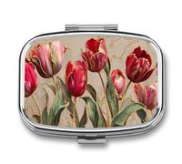 Pilulier 3D avec tulipes abstraites avec veines dorées, 2 compartiments, pilulier de voyage pour sac à main