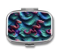 Pilulier 3D en écailles de dragon magique à 2 compartiments, pilulier portable avec miroir pour poche, sac à main, voyage, mini organisateur de médicaments en métal pour vitamines, huile de poisson