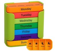 Pilulier 7 jours 4 fois par jour, pilulier hebdomadaire avec 4 compartiments quotidiens (matin, midi, soir, coucher), organisateur de médicaments de voyage empilable, vert coloré