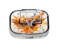 Pilulier à 2 compartiments avec cadre de basket-ball aquarelle avec miroir, petit pilulier pour sac à main ou organiseur de poche pour vitamines