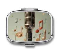 Pilulier à 2 compartiments avec microphone et notes de musique - Petit organiseur de médicaments portable en métal pour sac à main, poche de voyage, organisateur de vitamines pour homme et femme, sans