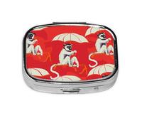 Pilulier à 2 compartiments avec miroir Motif parapluie Singe Petit pilulier pour sac à main ou poche Organiseur de vitamines