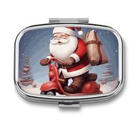 Pilulier à 2 compartiments avec motif Père Noël sur scooter - Portable - Organiseur de médicaments et vitamines - Pour homme et femme