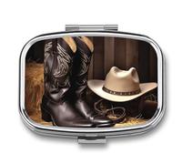 Pilulier à 2 compartiments - Chapeau noir de cowboy - Bottes occidentales - Imprimé - Portable - Pilulier de voyage pour sac à main - Boîte à vitamines - Boîte à huile de poisson