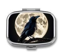 Pilulier à 2 compartiments en forme de corbeau noir en pleine lune, organiseur portable pour poche ou sac à main, organiseur décoratif en métal pour médicaments et vitamines
