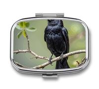 Pilulier à 2 compartiments en forme de corbeau noir sur une branche - Organisateur de pilules portable pour poche ou sac à main - Organiseur décoratif en métal pour médicaments et vitamines
