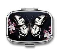 Pilulier à 2 compartiments en forme de papillon noir et blanc avec miroir pour poche, sac à main, voyage, mini organisateur de médicaments en métal pour vitamines, huile de poisson