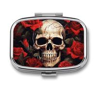 Pilulier à 2 compartiments en forme de tête de mort, rose et rouge, organiseur de pilules portable pour poche ou sac à main, organiseur décoratif en métal pour médicaments et vitamines