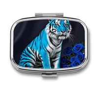 Pilulier à 2 compartiments en forme de tigre bleu rose - Organiseur portable pour poche ou sac à main - Organiseur décoratif en métal pour médicaments et vitamines
