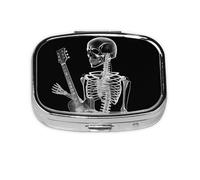 Pilulier à 2 compartiments en métal avec motif tête de mort abstrait et squelette pour jouer de la guitare