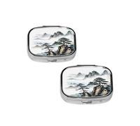 Pilulier à 2 compartiments en métal avec peinture de paysage chinois, petit pilulier portable, cadeau parfait pour toute personne dans le besoin