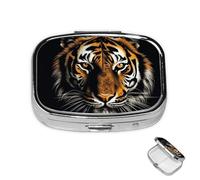 Pilulier à 2 compartiments en métal avec tête de tigre dans l'obscurité - Pour sac à main ou poche - Mini pilulier portable de voyage pour contenir des suppléments, des vitamines, de l'huile de