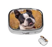Pilulier à 2 compartiments en métal - Joli pilulier de Boston Terrier pour sac à main ou poche - Joli mini pilulier portable de voyage pour contenir des suppléments, des vitamines, de l'huile de