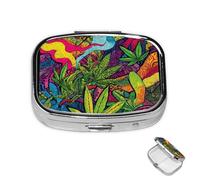 Pilulier à 2 compartiments en métal - Multicolore - Motif feuilles - Pour sac à main ou poche - Mini pilulier portable de voyage pour contenir des suppléments, des vitamines, de l'huile de poisson