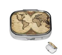 Pilulier à 2 compartiments en métal vintage en forme de carte du monde ancien pour sac à main ou poche, joli mini pilulier portable de voyage pour contenir des suppléments, des vitamines, de l'huile