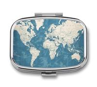 Pilulier à 2 compartiments étanche avec miroir carré en métal - Motif carte du monde bleue