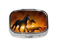Pilulier à 2 compartiments, imprimé chevaux noirs et nuages rouges lumineux, organiseur portable