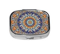 Pilulier à 2 compartiments - Imprimé classique bohème - Avec miroir - Petit pilulier pour sac à main ou poche - Organiseur de vitamines