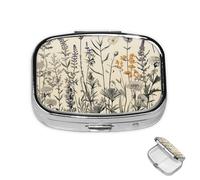Pilulier à 2 compartiments - Mini pilulier à 2 compartiments - Motif floral et herbes - Avec gravure botanique - Pour sac à main - Étanche - En métal - Pour voyage ou quotidien