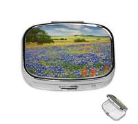 Pilulier à 2 compartiments - Mini pilulier à 2 compartiments - Paysage du Texas Bluebonnets - Pour sac à main - Étanche - En métal - Décoratif - Pour voyage ou quotidien