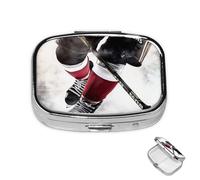 Pilulier à 2 compartiments - Mini pilulier décoratif en métal - Motif hockey sur glace - Pour sac à main ou au quotidien