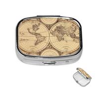 Pilulier à 2 compartiments - Mini pilulier vintage avec carte du monde - Pour sac à main - Étanche - En métal - Décoratif - Pour voyage ou quotidien
