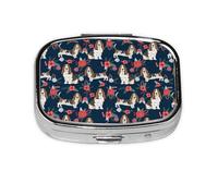 Pilulier à 2 compartiments, motif Basset Hound, bleu marine et coquelicot, organiseur portable