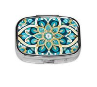 Pilulier à 2 compartiments Motif mandala mexicain floral damassé avec miroir Petit pilulier pour sac à main ou poche Organiseur de vitamines