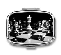 Pilulier à 2 compartiments noir et blanc imprimé d'échecs - Pilulier portable de voyage pour poche sac à main - Boîte à vitamines - Boîte à huile de poisson