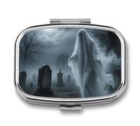Pilulier à 2 compartiments pour Halloween, fantôme, voyage avec miroir, étanche, 2 fois par jour, conteneur portable pour sac à main et poche, rectangulaire argenté