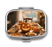 Pilulier à 2 compartiments pour l'automne, Thanksgiving, feuille de citrouille, étui de voyage avec miroir, étanche, 2 fois par jour, conteneur portable pour sac à main et poche rectangulaire, argenté