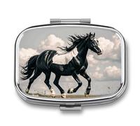 Pilulier à 2 compartiments pour médicaments en forme de chevaux noirs et blancs - Organiseur portable pour poche ou sac à main - Organiseur décoratif en métal pour médicaments et vitamines