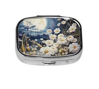 Pilulier à 2 compartiments pour peinture artistique Motif lune et fleurs avec miroir Petit pilulier pour sac à main ou poche Organiseur de vitamines