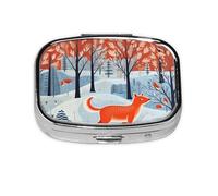 Pilulier à 2 compartiments pour peinture artistique Renard des neiges avec miroir Petit pilulier pour sac à main ou poche Organiseur de vitamines
