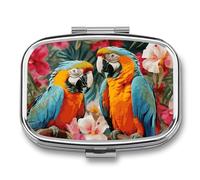 Pilulier à 2 compartiments pour plantes tropicales et perroquets - Petit pilulier pour sac à main ou poche - Pilulier en métal carré pour médicaments quotidiens pour contenir des vitamines, de l'huile