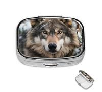 Pilulier à 2 compartiments pour poche ou sac à main, mini pilules en métal Lmage de loup dans la neige, pilules de voyage portable pour contenir des suppléments et des vitamines