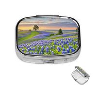 Pilulier à 2 compartiments pour poche ou sac à main, mini pilules en métal - Paysage du Texas Bluebonnets - Pilulier portable de voyage pour contenir des suppléments et des vitamines