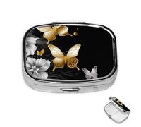 Pilulier à 2 compartiments pour poche ou sac à main - Mini pilulier en métal doré et blanc - Papillons noirs - Organisateur de médicaments de voyage portable pour contenir des suppléments et des