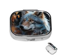 Pilulier à 2 compartiments pour poche ou sac à main - Mini pilulier en métal - Feuilles d'automne et loup - Portable - Pour médicaments de voyage - Pour contenir des suppléments et des vitamines