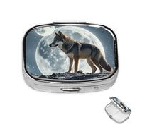 Pilulier à 2 compartiments pour poche ou sac à main - Mini pilulier en métal - Motif loup sous la lune - Portable - Pour transporter des suppléments et des vitamines