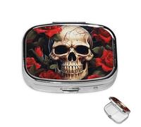 Pilulier à 2 compartiments pour poche ou sac à main - Mini pilulier en métal - Motif tête de mort - Rose - Rouge
