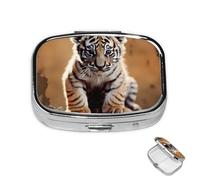 Pilulier à 2 compartiments pour poche ou sac à main - Mini pilulier en métal - Un petit tigre - Boîte de médicaments de voyage portable pour contenir des suppléments et des vitamines