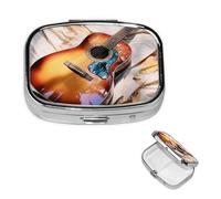 Pilulier à 2 compartiments pour sac à main et poche - Pilulier de voyage - Aquarelle - Guitare acoustique - Joli organisateur de médicaments pour contenir des vitamines, de l'huile de poisson